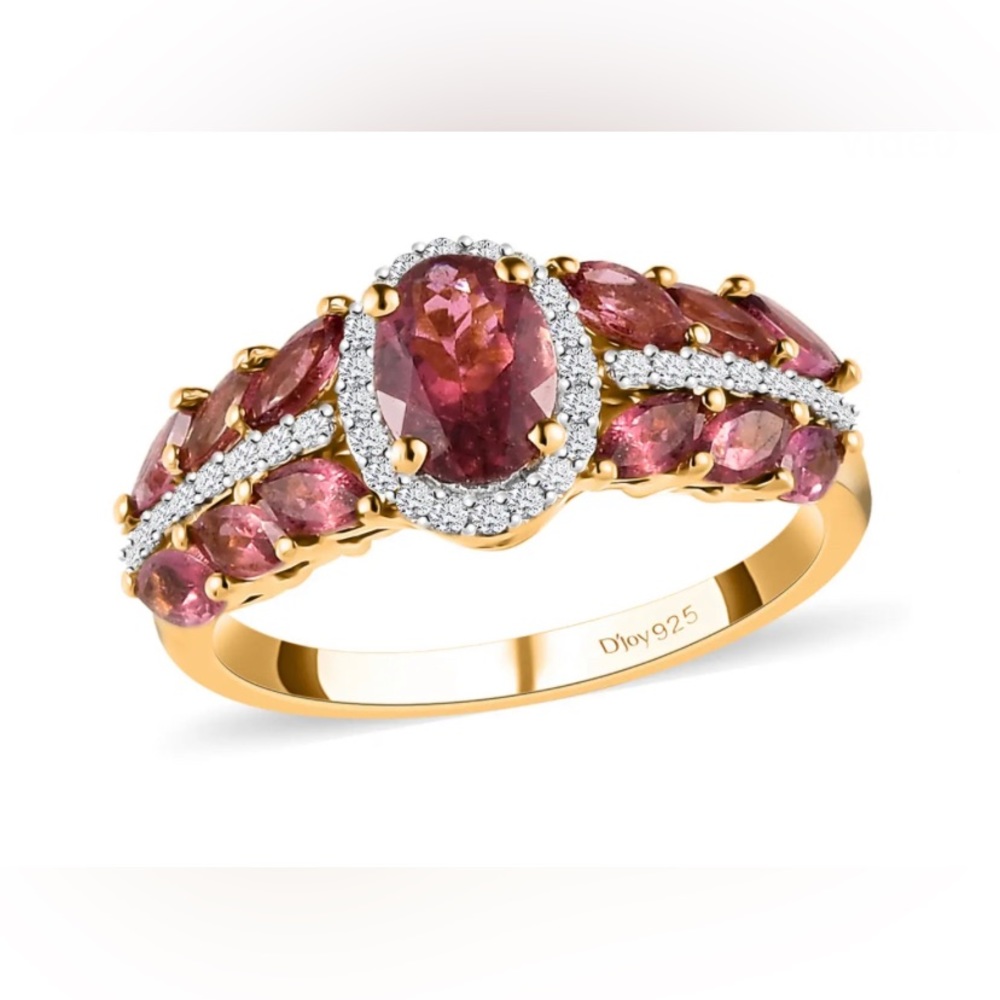 Ouro Fino Rubellite & Zircon Vermeil YG over Sterling Silver Ring Size 8